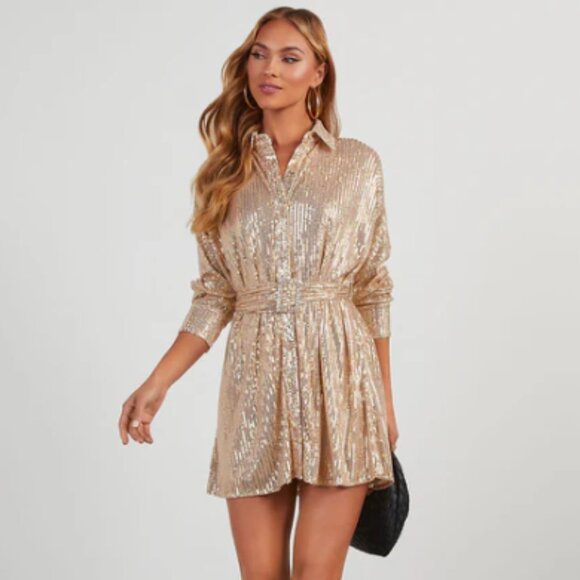 Brady Belted Sequin Mini Shirt Dress | VICI Gold Medium | Brand New NWT - Picture 1 of 6